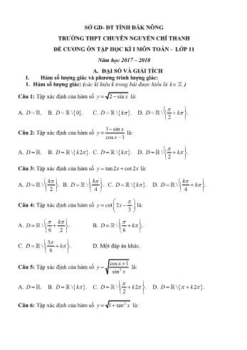 Đề cương ôn tập học kì 1 môn Toán Lớp 11 - Năm học 2017-2018 - Trường THPT Chuyên Nguyễn Chí Thanh