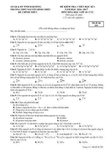 Đề kiểm tra 1 tiết học kì 1 môn Hóa học Lớp 10 - Năm học 2016-2017 - Trường THPT Nguyễn Đình Chiểu - Mã đề thi 209