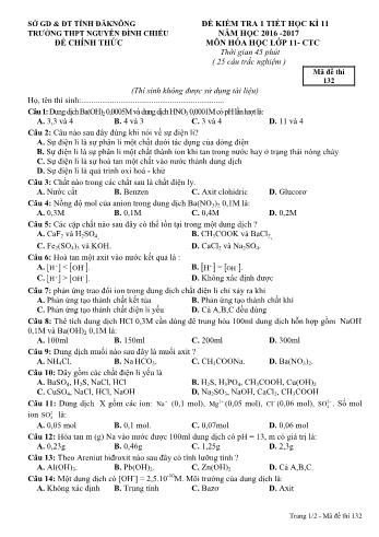 Đề kiểm tra 1 tiết học kì 1 môn Hóa học Lớp 11 - Năm học 2016-2017 - Trường THPT Nguyễn Đình Chiểu - Mã đề thi 132