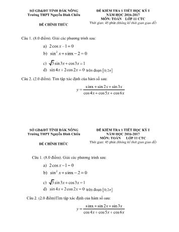 Đề kiểm tra 1 tiết học kì 1 môn Toán Lớp 11 - Năm học 2016-2017 - Trường THPT Nguyễn Đình Chiểu