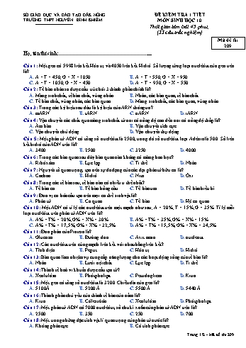 Đề kiểm tra 1 tiết môn Sinh học Lớp 10 - Trường THPT Nguyễn Bỉnh Khiêm - Mã đề thi 209
