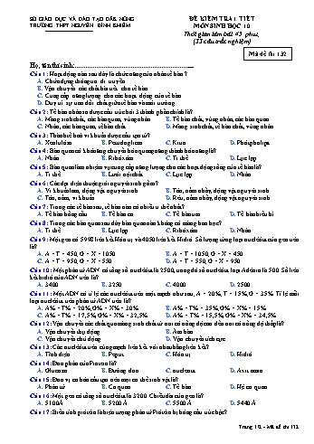 Đề kiểm tra 1 tiết môn Sinh học Lớp 10 - Trường THPT Nguyễn Bỉnh Khiêm - Mã đề thi 132