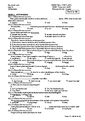 Đề kiểm tra 1 tiết môn Tiếng Anh Lớp 10 cơ bản - Năm học 2016-2017 - Trường THPT Phạm Văn Đồng - Mã đề thi 485 (Có đáp án)