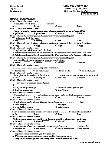 Đề kiểm tra 1 tiết môn Tiếng Anh Lớp 10 cơ bản - Năm học 2016-2017 - Trường THPT Phạm Văn Đồng - Mã đề thi 209 (Có đáp án)