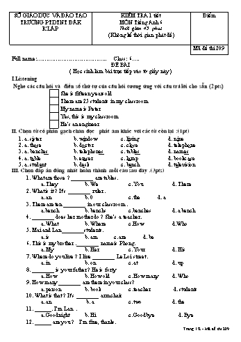 Đề kiểm tra 1 tiết môn Tiếng anh lớp 6 - Trường PTDT Nội trú Đăk Rlấp - Mã đề 209
