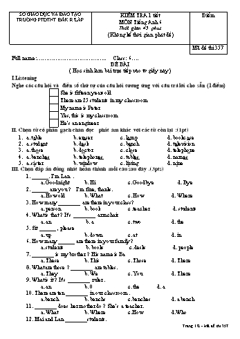 Đề kiểm tra 1 tiết môn Tiếng anh lớp 6 - Trường PTDT Nội trú Đăk Rlấp - Mã đề 357