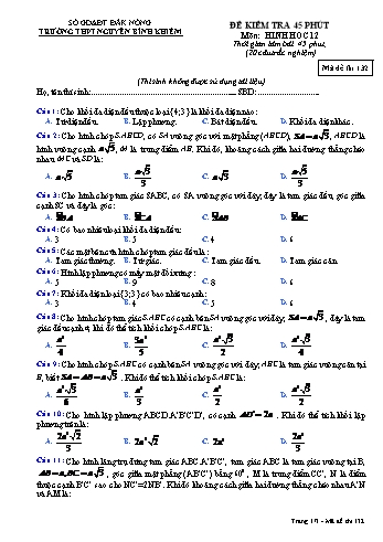 Đề kiểm tra 1 tiết môn Toán hình Lớp 12 - Trường THPT Nguyễn Bỉnh Khiêm - Mã đề thi 132