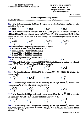 Đề kiểm tra 1 tiết môn Toán hình Lớp 12 - Trường THPT Nguyễn Bỉnh Khiêm - Mã đề thi 485