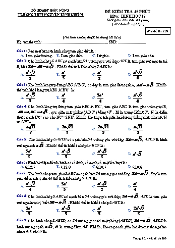 Đề kiểm tra 1 tiết môn Toán hình Lớp 12 - Trường THPT Nguyễn Bỉnh Khiêm - Mã đề thi 209