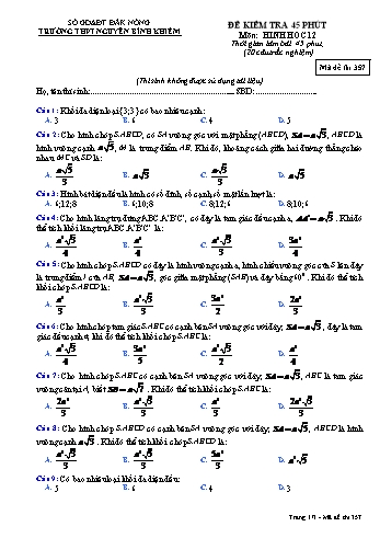 Đề kiểm tra 1 tiết môn Toán hình Lớp 12 - Trường THPT Nguyễn Bỉnh Khiêm - Mã đề thi 357
