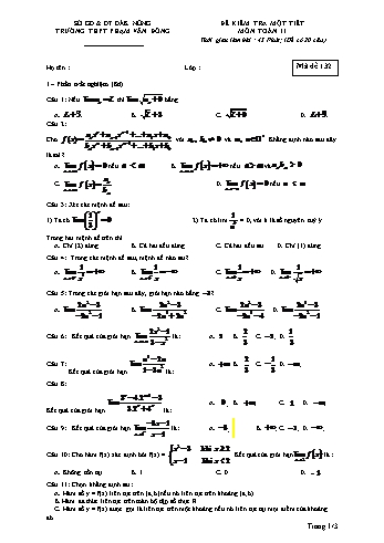 Đề kiểm tra 1 tiết môn Toán Lớp 11 - Năm học 2016-2017 - Trường THPT Phạm Văn Đồng - Mã đề thi 132 (Có đáp án)