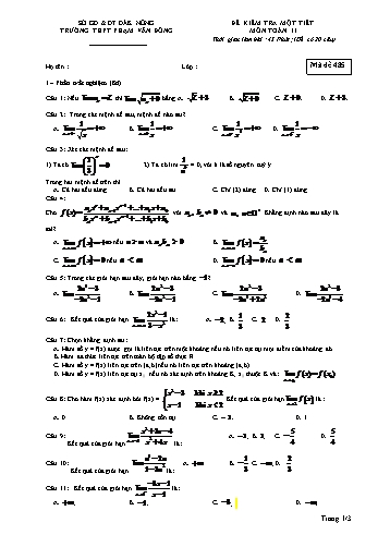 Đề kiểm tra 1 tiết môn Toán Lớp 11 - Năm học 2016-2017 - Trường THPT Phạm Văn Đồng - Mã đề thi 485 (Có đáp án)