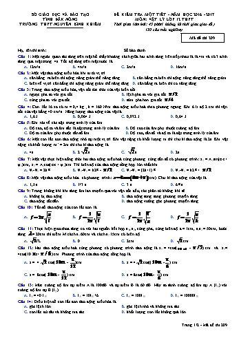 Đề kiểm tra 1 tiết môn Vật lý Lớp 12 - Năm học 2016-2017 - Trường THPT Nguyễn Bỉnh Khiêm - Mã đề thi 209