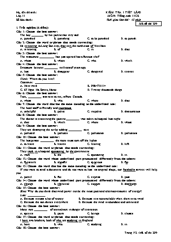 Đề kiểm tra 1 tiết Tiếng Anh Lớp 11 cơ bản - Năm học 2016-2017 - Trường THPT Phạm Văn Đồng - Mã đề thi 209 (Có đáp án)