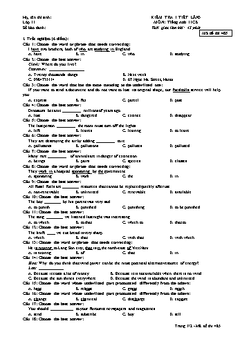 Đề kiểm tra 1 tiết Tiếng Anh Lớp 11 cơ bản - Năm học 2016-2017 - Trường THPT Phạm Văn Đồng - Mã đề thi 485 (Có đáp án)
