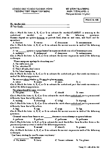Đề kiểm tra chung môn Tiếng Anh Lớp 12 - Năm học 2016-2017 - Trường THPT Phạm Văn Đồng - Mã đề thi 485