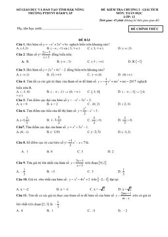 Đề kiểm tra chương 1 môn Toán Lớp 12 - Trường PTDT NT - Đăkrlấp