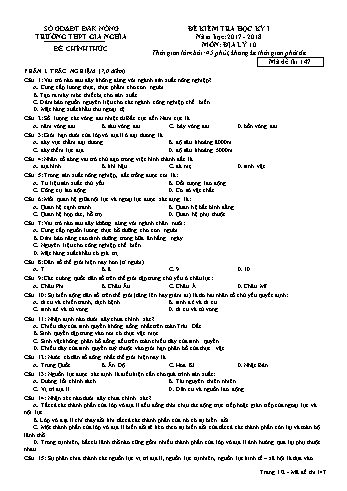 Đề kiểm tra học kì 1 môn Địa lý Lớp 10 - Năm học 2017-2018 - Trường THPT Gia Nghĩa - Mã đề thi 147