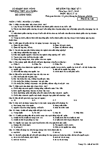 Đề kiểm tra học kì 1 môn Địa lý Lớp 10 - Năm học 2017-2018 - Trường THPT Gia Nghĩa - Mã đề thi 230