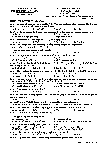 Đề kiểm tra học kì 1 môn Hóa học Lớp 10 - Năm học 2017-2018 - Trường THPT Gia Nghĩa - Mã đề thi 316