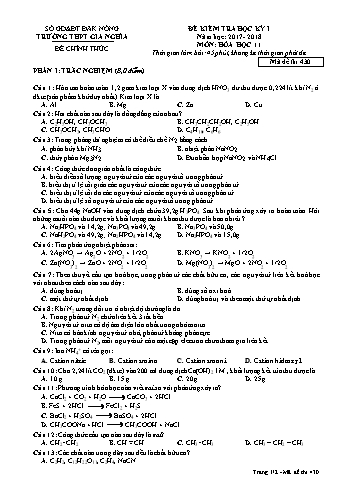 Đề kiểm tra học kì 1 môn Hóa học Lớp 11 - Năm học 2017-2018 - Trường THPT Gia Nghĩa - Mã đề thi 430