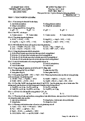 Đề kiểm tra học kì 1 môn Hóa học Lớp 11 - Năm học 2017-2018 - Trường THPT Gia Nghĩa - Mã đề thi 314