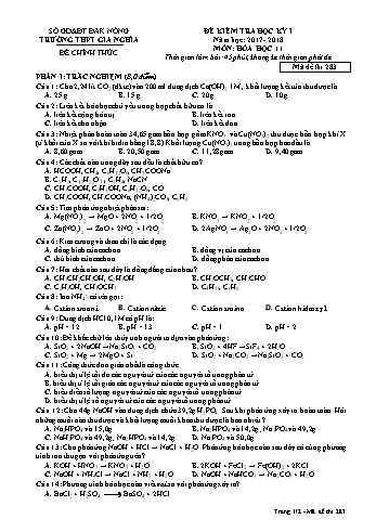 Đề kiểm tra học kì 1 môn Hóa học Lớp 11 - Năm học 2017-2018 - Trường THPT Gia Nghĩa - Mã đề thi 283