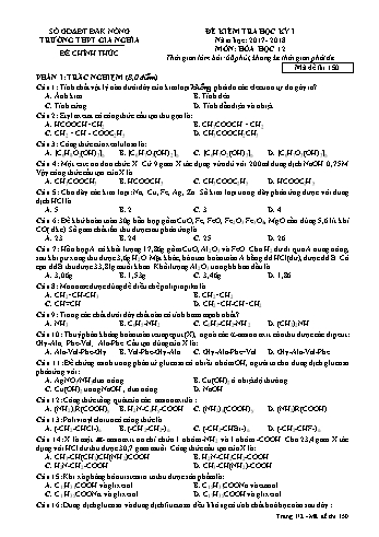 Đề kiểm tra học kì 1 môn Hóa học Lớp 12 - Năm học 2017-2018 - Trường THPT Gia Nghĩa - Mã đề thi 150