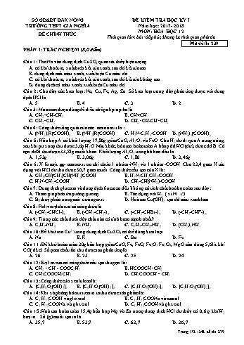 Đề kiểm tra học kì 1 môn Hóa học Lớp 12 - Năm học 2017-2018 - Trường THPT Gia Nghĩa - Mã đề thi 239