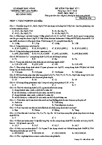 Đề kiểm tra học kì 1 môn Hóa học Lớp 12 - Năm học 2017-2018 - Trường THPT Gia Nghĩa - Mã đề thi 426