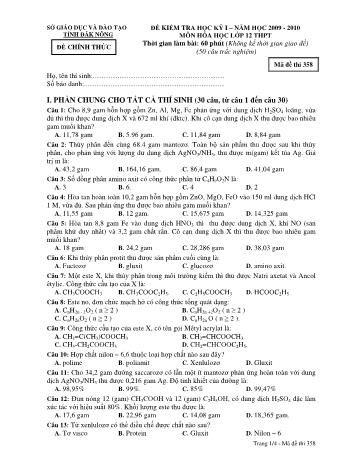 Đề kiểm tra học kì 1 môn Hóa học Lớp 12 - Sở GD&ĐT tỉnh Đăk Nông - Năm học 2009-2010 - Đề chính thức (Có đáp án) - Mã đề 358