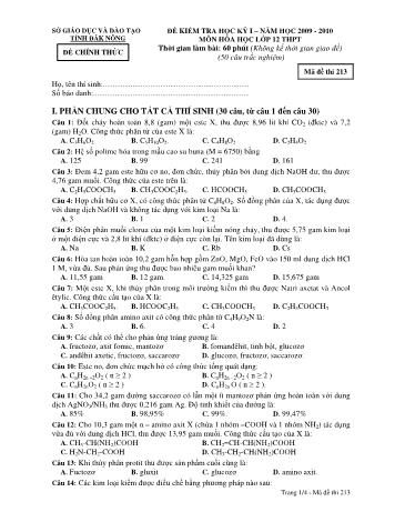 Đề kiểm tra học kì 1 môn Hóa học Lớp 12 - Sở GD&ĐT tỉnh Đăk Nông - Năm học 2009-2010 - Đề chính thức (Có đáp án) - Mã đề 213