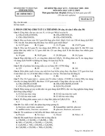 Đề kiểm tra học kì 1 môn Hóa học Lớp 12 - Sở GD&ĐT tỉnh Đăk Nông - Năm học 2009-2010 - Đề chính thức (Có đáp án) - Mã đề 135