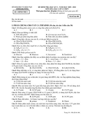 Đề kiểm tra học kì 1 môn Hóa học Lớp 12 - Sở GD&ĐT tỉnh Đăk Nông - Năm học 2009-2010 - Đề chính thức (Có đáp án) - Mã đề 486