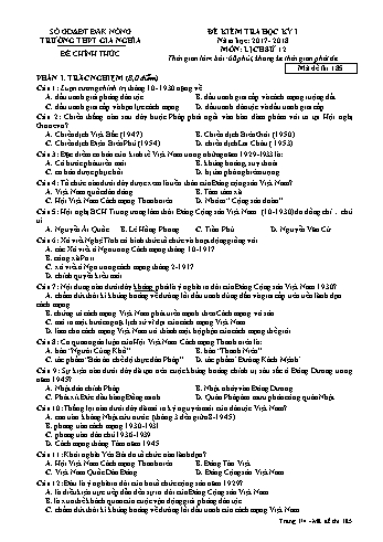 Đề kiểm tra học kì 1 môn Lịch sử Lớp 12 - Năm học 2016-2017 - Trường THPT Gia Nghĩa - Mã đề thi 185