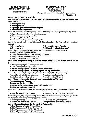 Đề kiểm tra học kì 1 môn Lịch sử Lớp 12 - Năm học 2017-2018 - Trường THPT Gia Nghĩa - Mã đề thi 269