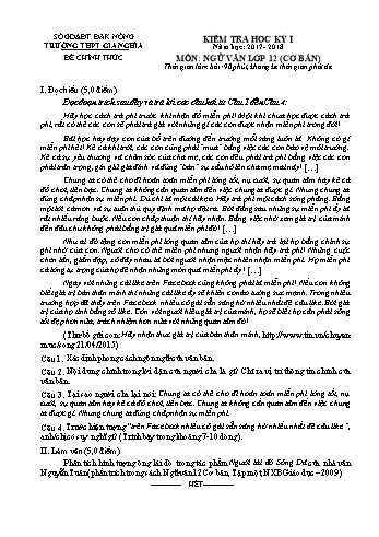 Đề kiểm tra học kì 1 môn Ngữ văn Lớp 12 Ban cơ bản - Năm học 2017-2018 - Trường THPT Gia Nghĩa