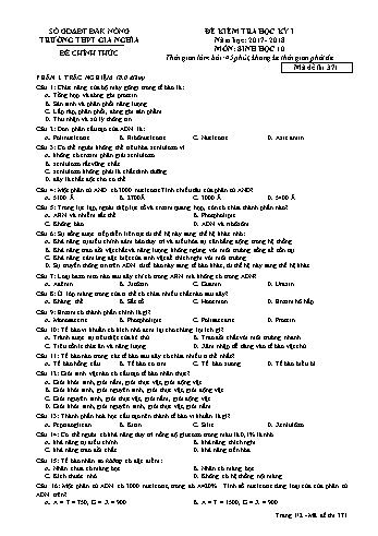 Đề kiểm tra học kì 1 môn Sinh học Lớp 10 lần 1 - Năm học 2017-2018 - Trường THPT Gia Nghĩa - Mã đề thi 371
