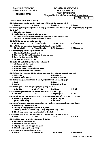 Đề kiểm tra học kì 1 môn Sinh học Lớp 10 lần 1 - Năm học 2017-2018 - Trường THPT Gia Nghĩa - Mã đề thi 145