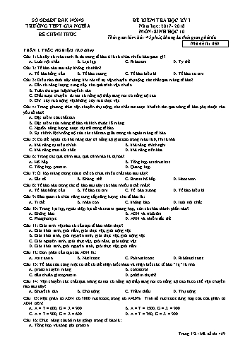 Đề kiểm tra học kì 1 môn Sinh học Lớp 10 lần 1 - Năm học 2017-2018 - Trường THPT Gia Nghĩa - Mã đề thi 459