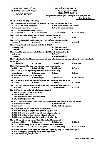 Đề kiểm tra học kì 1 môn Sinh học Lớp 10 lần 1 - Năm học 2017-2018 - Trường THPT Gia Nghĩa - Mã đề thi 236