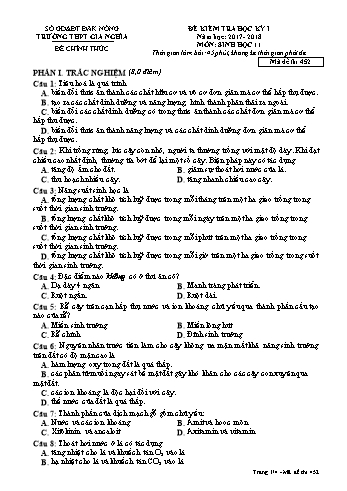 Đề kiểm tra học kì 1 môn Sinh học Lớp 11 - Năm học 2017-2018 - Trường THPT Gia Nghĩa - Mã đề thi 452