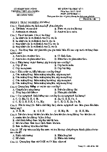 Đề kiểm tra học kì 1 môn Sinh học Lớp 11 - Năm học 2017-2018 - Trường THPT Gia Nghĩa - Mã đề thi 180
