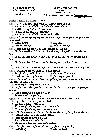 Đề kiểm tra học kì 1 môn Sinh học Lớp 11 - Năm học 2017-2018 - Trường THPT Gia Nghĩa - Mã đề thi 318