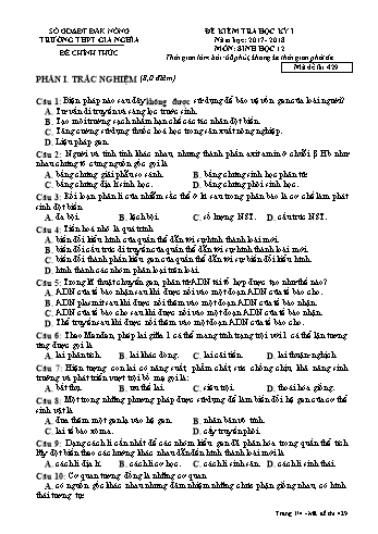 Đề kiểm tra học kì 1 môn Sinh học Lớp 12 - Năm học 2017-2018 - Trường THPT Gia Nghĩa - Mã đề thi 429