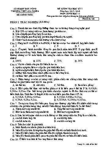 Đề kiểm tra học kì 1 môn Sinh học Lớp 12 - Năm học 2017-2018 - Trường THPT Gia Nghĩa - Mã đề thi 281
