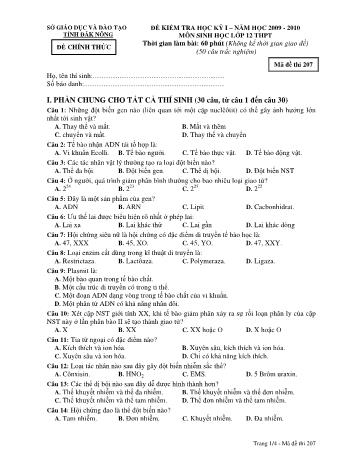 Đề kiểm tra học kì 1 môn Sinh học Lớp 12 - Sở GD&ĐT tỉnh Đăk Nông - Năm học 2009-2010 - Đề chính thức - Mã đề 207