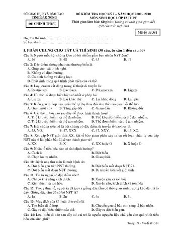 Đề kiểm tra học kì 1 môn Sinh học Lớp 12 - Sở GD&ĐT tỉnh Đăk Nông - Năm học 2009-2010 - Đề chính thức - Mã đề 361