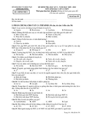 Đề kiểm tra học kì 1 môn Sinh học Lớp 12 - Sở GD&ĐT tỉnh Đăk Nông - Năm học 2009-2010 - Đề chính thức - Mã đề 479