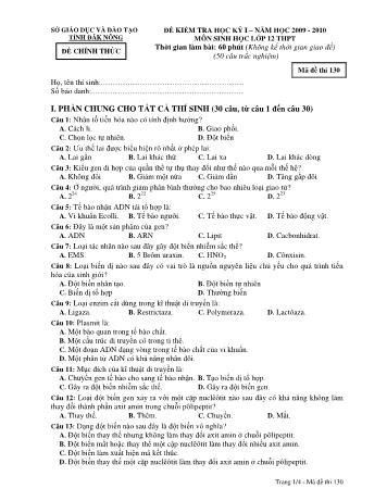 Đề kiểm tra học kì 1 môn Sinh học Lớp 12 - Sở GD&ĐT tỉnh Đăk Nông - Năm học 2009-2010 - Đề chính thức